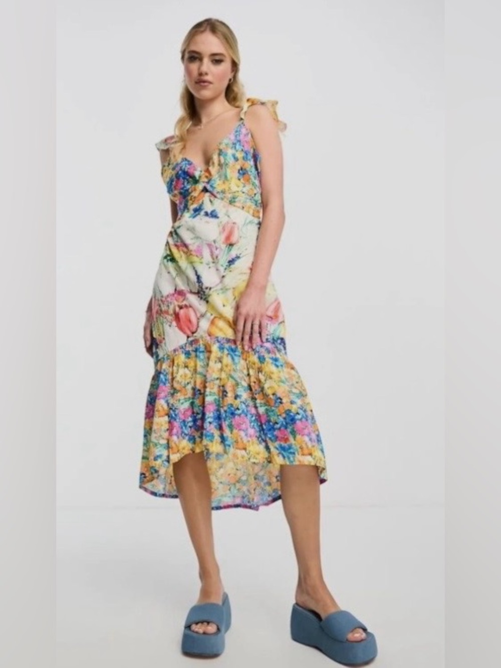 Hope And Ivy, NWT Twist Front High Low Midi Dress in Bright Floral, Size 8